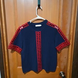 Tory Burch Navy Sweater with Red Detail